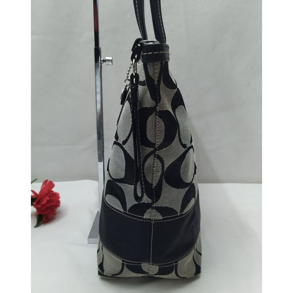 Coach Signature Black Canvas Stripe Double Handles Zipper Tote Shoulder Bag - Picture 6 of 16